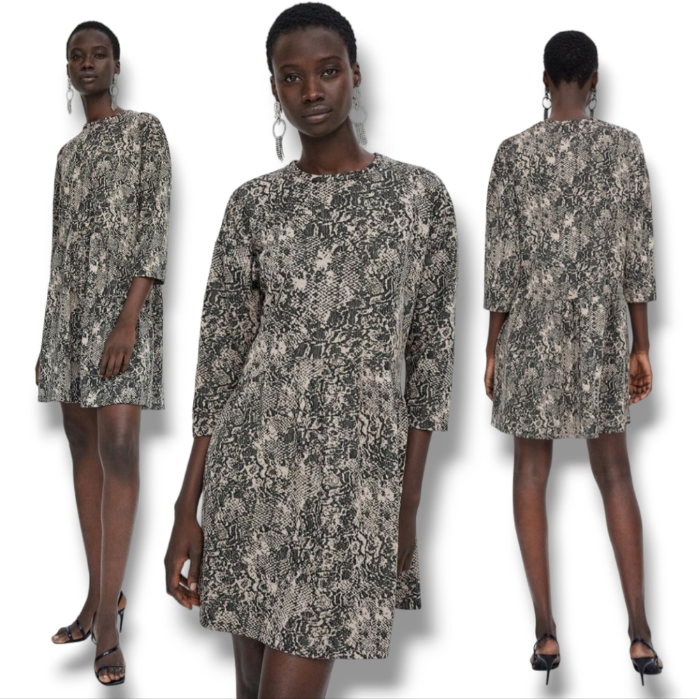 Zara Women's Snake Print Oversized Babydoll Short Dress Black/Beige